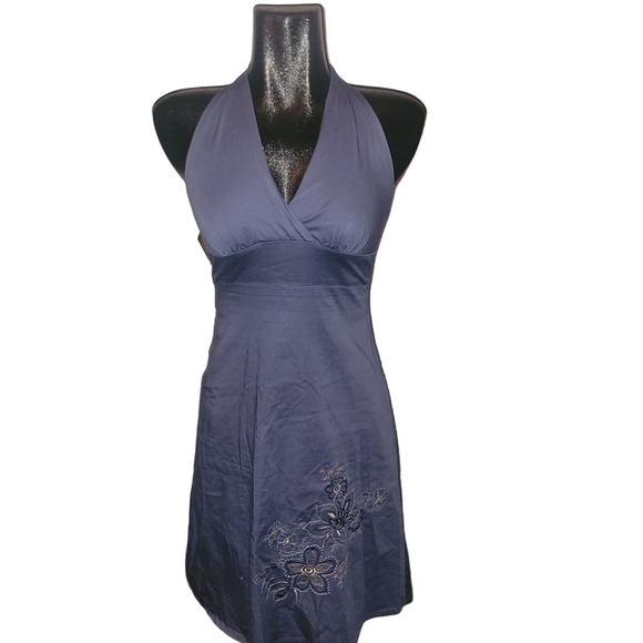 Digital clothing grayish blue halter dress with embroidered detailing - Picture 1 of 7